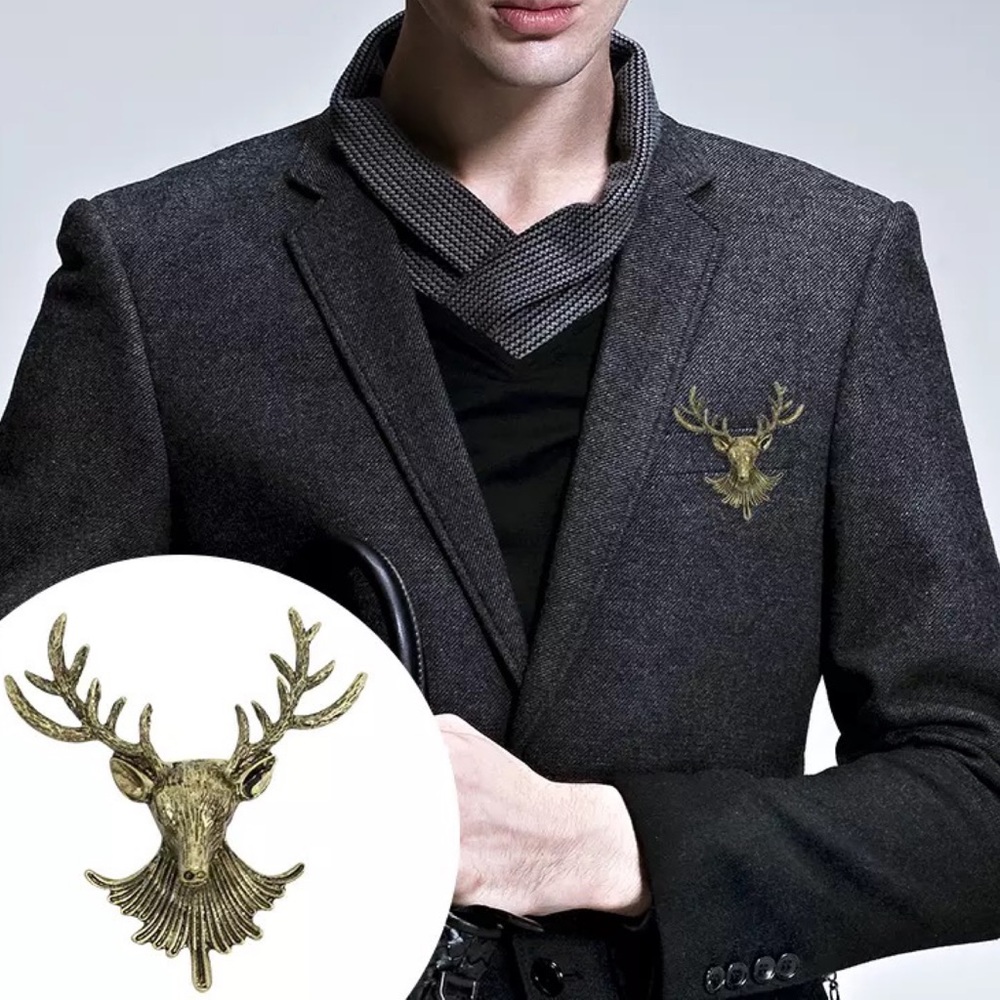 Antiqued Bronze Buck Deer Head Brooch Lapel Pin - Picture 1 of 14